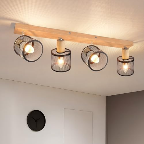 Deboola Deckenstrahler 4 Flammig Deckenleuchte Holz - Deckenlampe Vintage | Wohnzimmer Schwarz Strahler E14 Schwenkbar Deckenspot Schlafzimmer Flur-Ohne Leuchtmittel