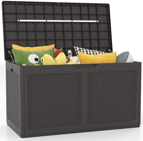 RELAX4LIFE 380L Cassapanca da Esterno, Contenitore da Patio Chiudibile a Chiave con 2 Ruote, Superficie in Finto Rattan, in Resina Impermeabile per Cuscini, Attrezzi (MARRONE)
