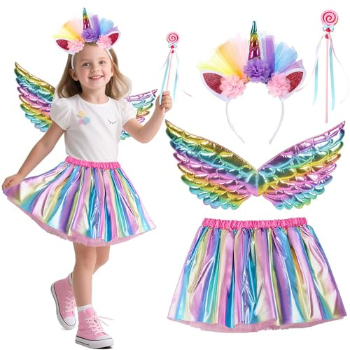 NXPZ Set di 4 pezzi per unicorno, ragazza, principessa, abito da principessa unicorno, costume da gioco di ruolo con gonna tutù, fascia, ali e bacchetta magica per ragazza regalo 3-8 anni