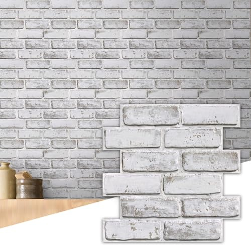 Commomy 3D Faux Brick Stick on Tiles 10 Pcs 11.8 x 11.8 Grey White | Lightweight Thin PVC Faux Brick Stone Effect Wallpaper Tiles for Kitchen,Living Room,Quick DIY Interior Wall Decor(9.7 sq.ft)