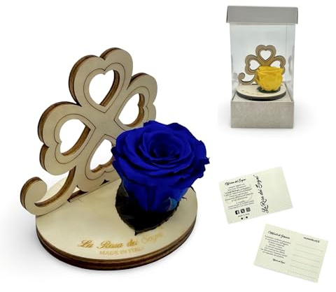 La Rosa dei Sogni Rosa Stabilizzata con Quadrifoglio in Legno Intaglio Laser – Fiore Naturale a Lunga Durata - Made in Italy (Blu)