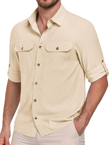 Xnova Camicia Trekking Uomo a Maniche Lunghe UPF50+, Funzionale Camicie Abbottonata Safari Traspirante Tempo Libero Protezione UV Tops con Tasche (Beige, L)