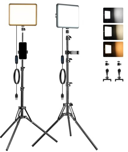 2-Pack LED Studio Light with 63 Tripod, Dimmable USB Camera Lighting Kit | Photo Video Light with 2 Phone Holders, Dimmable 3 Color 2700K-6500K 15W USB forPhotography Filming Recording Live Streaming