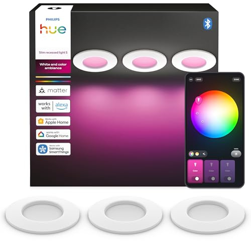 Philips Hue Slim Downlight, Plafón LED Empotrable, 1000 lm, 90 mm, Diseño Delgado, Espectro Luz de Día 1000K-20000K, Regulación Ultrabaja, Color Preciso, Iluminación Inteligente, Blanco, Pack de 3 ​