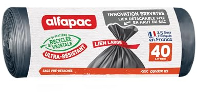 ALFAPAC - Sacs Poubelle à Lien Large - Ultra-Résistant - 74% Recyclé et 15% Végétal - Fabrication Française - 15 x 40L, Noir