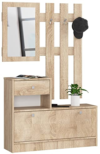 AKORD Garderoben-Set, 2-teilig, Schuhkommode mit Aufsatz und Schublade B90 x H70 x T25 cm und Wandgarderobe mit Spiegel B90 x H100 cm, Gewicht 39 kg