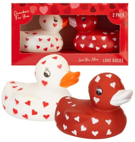 VFM - jouets de bain de canard en caoutchouc, imprimé cardiaque, design d'amour, pour les cadeaux de couples, la Saint-Valentin et les anniversaires, paquet de deux (rouge et blanc)