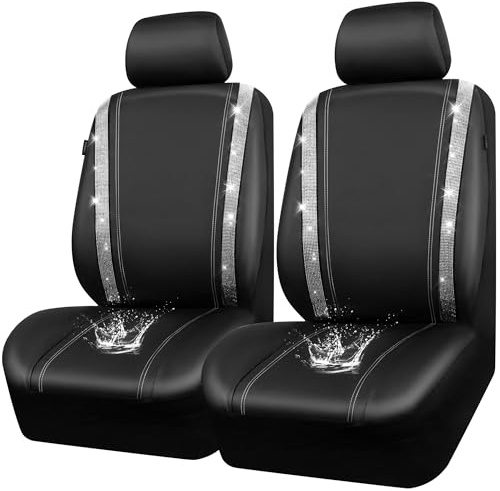 CAR PASS Leather Bling Diamond Car Seat Cover 2 Front Interior Sets, Waterproof Universal Shining Glitter Crystal Sparkle Fit for 95% Automotive Truck SUV Cute Women Girl, Black Silver Rhinestone