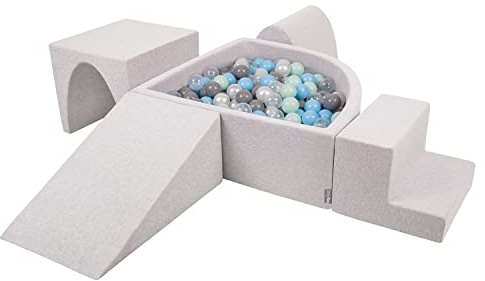 KiddyMoon Skumlekplats för barn med kvartal vinklad bollhav (200 bollar) hinderbana, ljusgrå: pärla/grå/genomskinlig/babyblå/mint