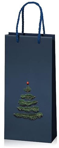 5x Wein Geschenktüte Weihnachten, für 2 Flaschen, blau, Tannenbaum Motiv & stabiler Tragekordel
