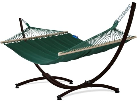 Potenza Outdoor Stabhängematte Hängematte mit Gestell für 2 Personen 370 cm I 100% Baumwolle Merida Doppelhängematte XXL 215x160, 200kg I Hängemattengestell 220kg, wetterfest, Colore Grün