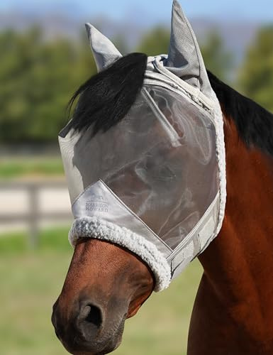Harrison Howard CareMaster Horse Fly Mask UV Protective Fine Mesh with Extra Wool Soft Touch on Skin Moonlight Silver L