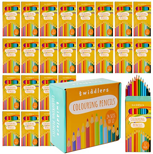 THE TWIDDLERS 24 Schachteln Buntstifte, 12 Stifte pro Schachtel, 288 insgesamt - 18cm volle Länge Multipack Zeichnung Set, Bulk Klassenzimmer Party Tasche Füller, Kunst Skizzieren Stifte