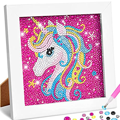 FiveMileBro Diamant Malerei für Kinder mit Holzrahmen, 5D DIY Diamant Malerei Set für Kinder Mädchen und Erwachsene, Pferd Mosaik Kunst Handwerk für Home Wand Dekor 18x18 cm (Pink Unicorn)