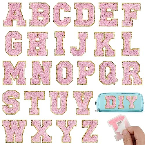 BOUBONI 26Pcs Light Pink Chenille Letters A-Z, Self Adhesive Chenille Letter Patches for Fabric Clothing (Pink, 26)
