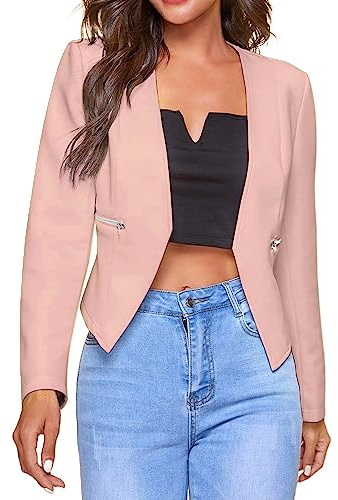 Blazer court slim pour femme élégant et léger pour affaires, bureau, travail, couleur unie, manches longues, veste de bureau, Rose, L