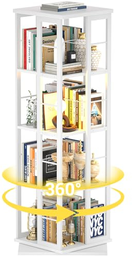 Besiost Bücherregal, drehbares Bücherregal, Eckbücherregal, 360 Grad drehendes schmales Bücherregal, 4 Ebenen, bodenstehendes Bücherregal, drehbarer Organizer, Aufbewahrungsregal für kleinen Raum,