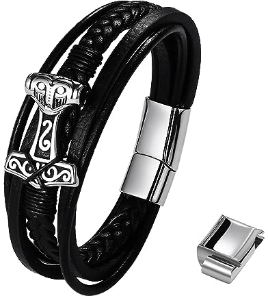 Flongo Flätat läderarmband med flera rader thorhammare, vikingsarmband för män med spärrspänne, amulettarmband, present till män, 18,5 à 21 cm, Läder Rostfritt stål