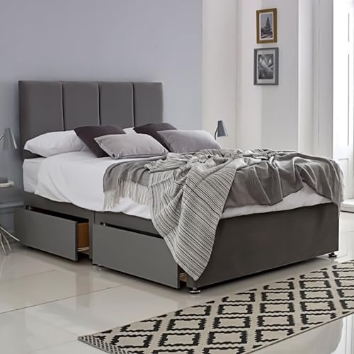 ComfoRest 4 Panel 5FT Divan King Size Bed with storage drawers (x2) – Grey base and 24 inch headboard – sturdy base for all mattress types, easy assembly, UK made