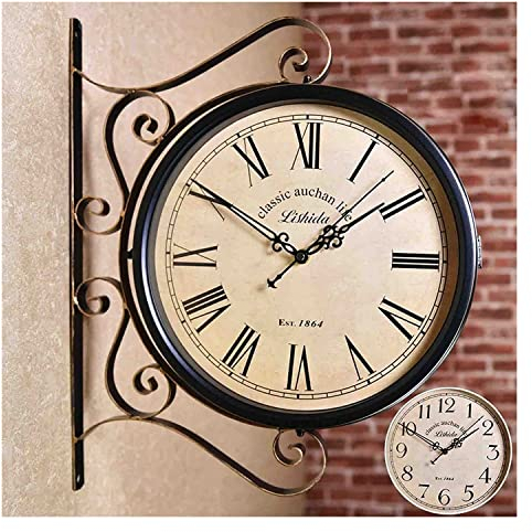 Antik Retro Bahnhofsuhr Doppelseitiger Bahnhofsuhr, Gartenwanduhr im Freien, vintage hängende doppelseitige Uhr for Terrasse Veranda Garten im Freien Dekorative doppelseitige Hängsuhr Wanduhr Doppelse