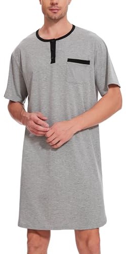 Uniexcosm Nachthemd Herren Kurzarm Schlafshirt Rundhals Einteiliger Schlafanzugoberteile Pyjama Tops Bequem Nachtwäsche Sleepshirt mit Knopfleiste und Brusttasche