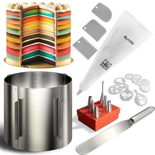 4smile Torten-Zubehör-Set 22 Teile - Tortenring verstellbar hoch 15 cm, Tortenschneider, Tortenplatte drehbar, Streichpalette, Teigkarte, Spritzbeutel mit Tüllen, Tortenschablone