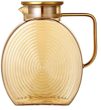 Jarra de agua de vidrio de 2,2 L con tapa de acero inoxidable para nevera, jarra de vidrio a prueba de goteo, resistente al calor y a prueba de explosiones, color ámbar texturizado para leche, cóctel,