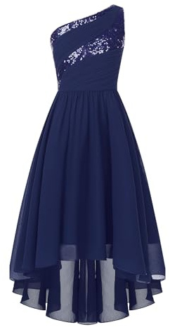 Rswnyirn Ein-Schulter Kleid Mädchen Partykleid Festlich Vokuhila Kleid mit Strass Prinzessin Blumenmädchenkleider zum Hochzeit Party Geburtstag Kleidung Navy blau 158-164