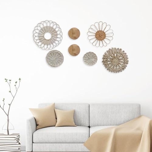 BestAlice 7 Piezas de Decoración de Pared de Ratán Tejido Bohemio para Colgar en la Pared, Plato Decorativo para Dormitorio, Sala de Estar, Estudio, Tejido a Mano, Características de Ratán, Decoración
