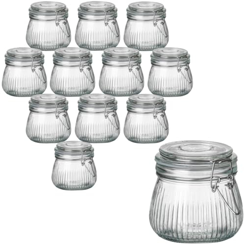 gouveo 12er Set Vorratsgläser 500 ml geriffelt mit Bügelverschluss - Bügelgläser aus Glas mit Drahtbügelverschluss - Aufbewahrungsgläser für Küche und Haushalt (BG500R)