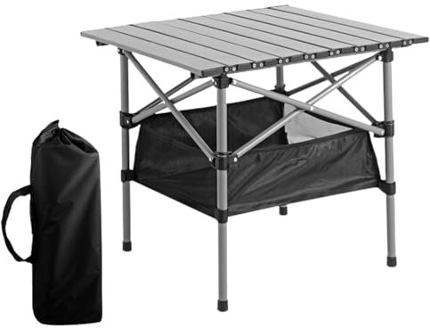 Monozoz Faltbarer Campingtisch, tragbar, Rolltisch mit Netz-Aufbewahrungstasche, Metall, Picknick-Campingtisch mit einfacher Tragetasche für, Wandern, Garten, Terrasse