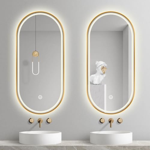 oeLucrv Miroir De Salle De Bain LED Ovale,Moderne Miroir Illumination Salle de Bain avec Cadre en Aluminium Doré, Miroir Mural, Miroir De Courtoisie Éclairé avec 3 Couleurs,Interrupteur Intelligent