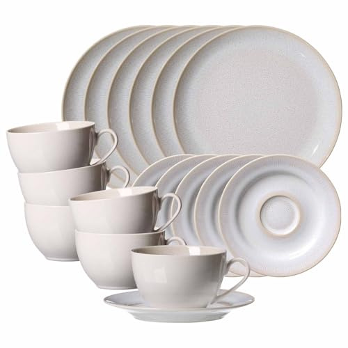 Ritzenhoff & Breker Laredo Kaffeeservice 18-teilig, Kaffeetassen (220 ml) mit Untertassen und Dessertteller (20,5 cm) für 6 Personen, Skandinavisches Design mit Reaktivglasur, Steinzeug, Beige