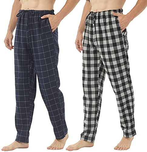 BEGIANT 2-pack pyjamasbyxor herr bomull flanell mjuka pyjamasbyxor rutiga män pyjamas nederdelar lounge pyjamas med knappslå och fickor
