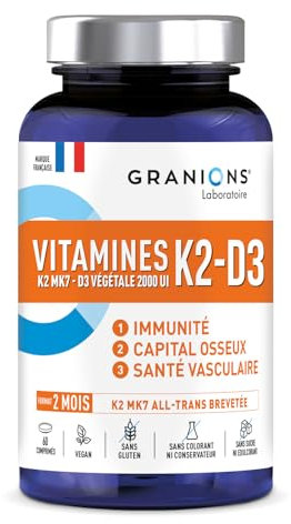 GRANIONS VITAMINE D3 K2 MK7 - Vitamine D3 2000 UI + K2 200 mg – Complement Alimentaire Vegan pour la Santé des Os et du Cœur – Système Immunitaire - Sans Gluten, 60 comprimés -2 MOIS