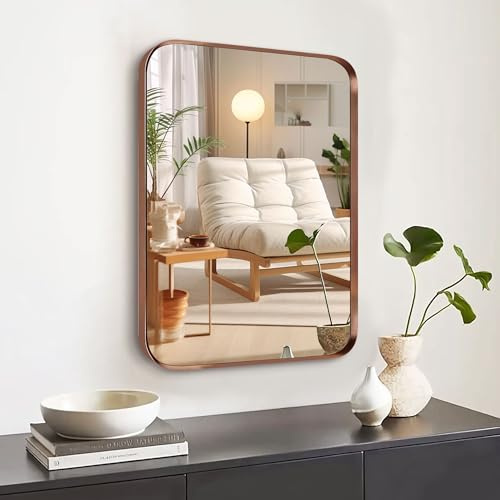 Umzodo 16x24 inch Brushed Bronze Bathroom Mirror for Wall, Rounded Rectangle Mirror with Metal Frame Hanging for Bathroom Entryway Vanity,Living Room,Bedroom,Vertical or Horizontal