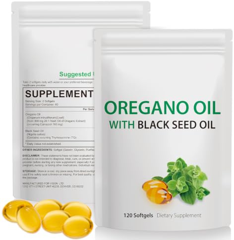 2 Pack Königskerzenblatt-Extrakt für die Lunge, Oreganoöl 120 Softgels, Oregano Öl Kapseln, Bio Oregano Öl Wildes Oreganoöl 6000 mg mit 200 mg Schwarzkümmelöl