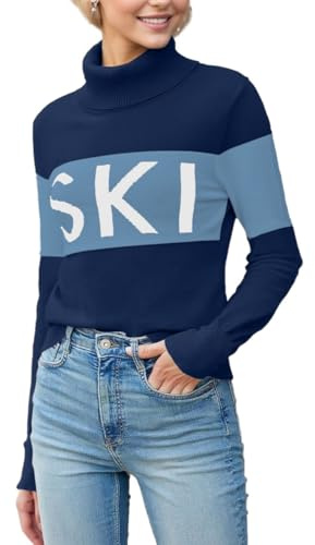 ALPSWARE Women Turtleneck Sweaters Warm Shirts Apres Ski Patchwork Tops Winter Fashion Skiing Clothing Navy M