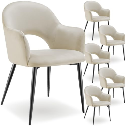 tectake® 6er Set Armlehnstuhl in Samtoptik, gepolsterte Esszimmerstühle, bis 120 kg belastbar, Stühle Esszimmer mit komfortabler Polsterung, Küchenstuhl, Esszimmerstuhl mit Stahlbeinen - Creme