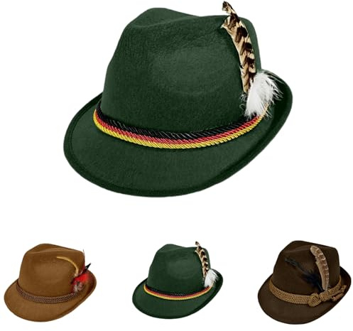 2026 Herren Trachtenhut mit Feder Kordel Hanfkordel, Bayerischer Jägerhut Edelweiß schmaler Krempe, Hut Wiesn Oktoberfest Outfit, Kopfbedeckung Mütze Volksfest Mottoparty Karneval Trachten Kostüm
