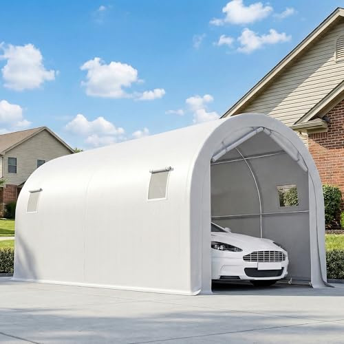 Outsunny Carpa Garaje Portátil 3x6 m Impermeable Puerta Enrollable Blanco | Garaje Exterior para Coche, UPF 30+, Puerta con Cremalleras, 4 Ventanas, Garaje Exterior para Coche, Marco Metal Galvanizado