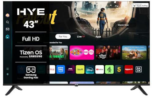 HYE TV - Smart TV, 43 Screen Size, 2K Resolution, FHD Technology, Apple AirPlay, Samsung Tizen OS & Gaming Hub, Versatile Connectivity, Black, Perfect For Streaming & Entertainment - 43FHDS1008 | Apple AirPlay, Alexa & Bixby Voice Control, HDR, Bluetooth, WiFi, 3x HDMI - Perfect for Streaming, Gaming & Entertainment