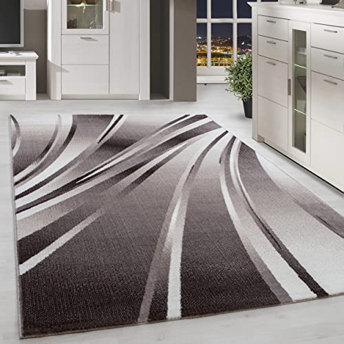 HomebyHome Teppich Läufer 80x150 cm Braun Modern Abstraktes Wellen Design Kurzflor für Wohnzimmer Schlafzimmer Esszimmer Küche Flur Jugendzimmer Waschbar Pflegeleicht Extra Weich