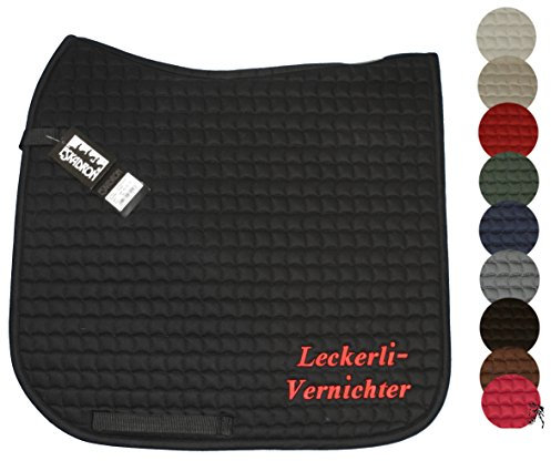 ESKADRON Dressur Spruch-Schabracke 'Leckerli-Vernichter', Schabrackenfarbe:grau, Garnfarbe:pink