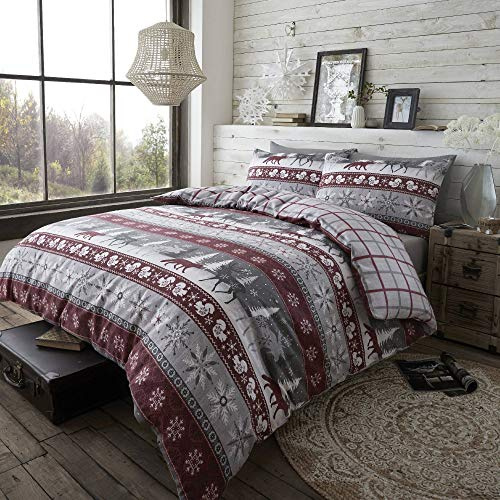 100% Brushed Cotton Nordic Scandi Hygge Winter Warm Burgundy Double Check Reversible Duvet Cover Bedding Set