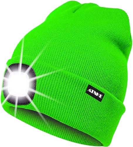 ATNKE LED Beleuchtete Mütze,Wiederaufladbare USB Laufmütze mit Licht Extrem Heller 4 LED Lampe Winter Warme Stirnlampe für Herren und Damen Geschenke/Fluorescent Green