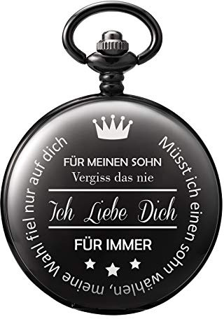 TREEWETO Taschenuhr mit Gravur Kette Herren Schwarz Geschenk Sohn | Geburtstag, Weihnachten, Abschlussfeier, Hochzeitstag für Meinen Sohn, Mama für Sohn Geschenk Schwarze, Quartz