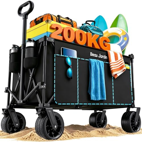 BEAU JARDIN XXL Carro Playa Plegable 300L 200 kg con Freno – Ruedas Grandes 18cm x 10cm, Mango Ajustable – para Jardín, Camping, Mercado y Transporte