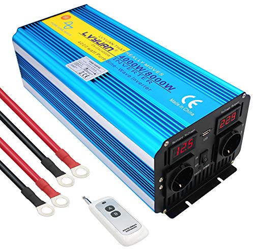 Cantonape Inversor de Corriente Onda Sinusoidal Pura 4000w 8000w Transformador de 12v a 220v 230v con Mando a Distancia & 2 Toma y Puertos USB 2 LED