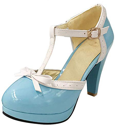 Etebella Damen T-spangen High Heels Plateau Pumps mit Blockabsatz und Schleife Rockabilly Lack Schuhe(Licht blau,38)